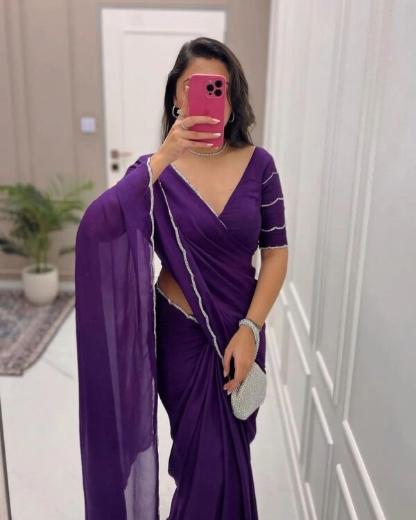 Deep Purple Saree With Silver Lace Borders Ready To Wear Saree With Stitched Blouse - Image 6
