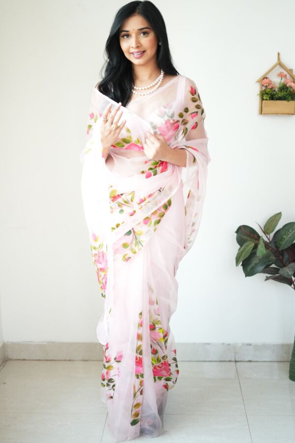 Baby Pink And Hand-painted Style Floral Prints Organza Ready To Wear Saree With Unstitched Blous - Image 5