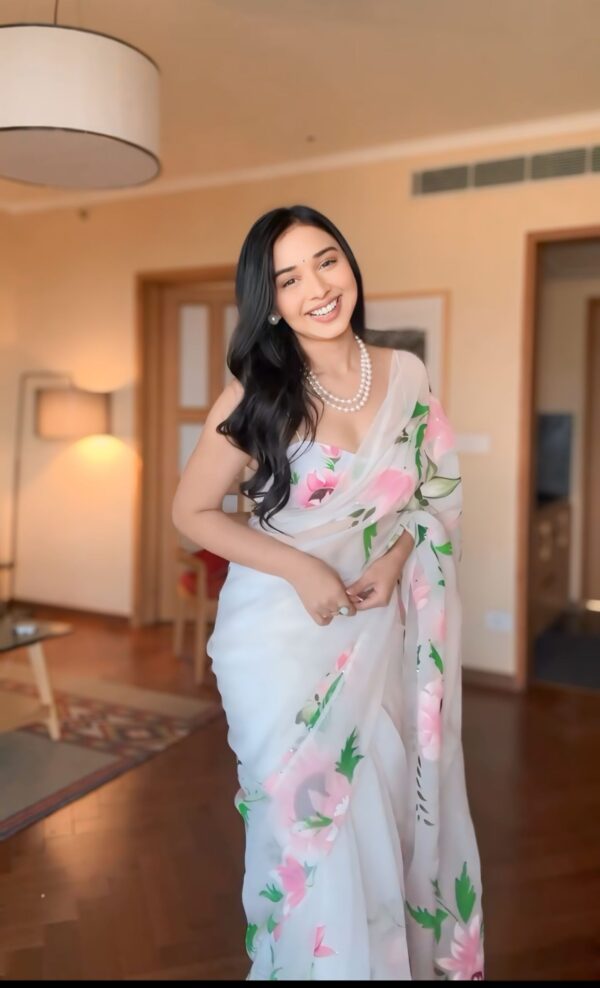 White Shade And Floral Print In Pink And Green Tones Organza Ready To Wear Saree With Unstitched Blous - Image 5