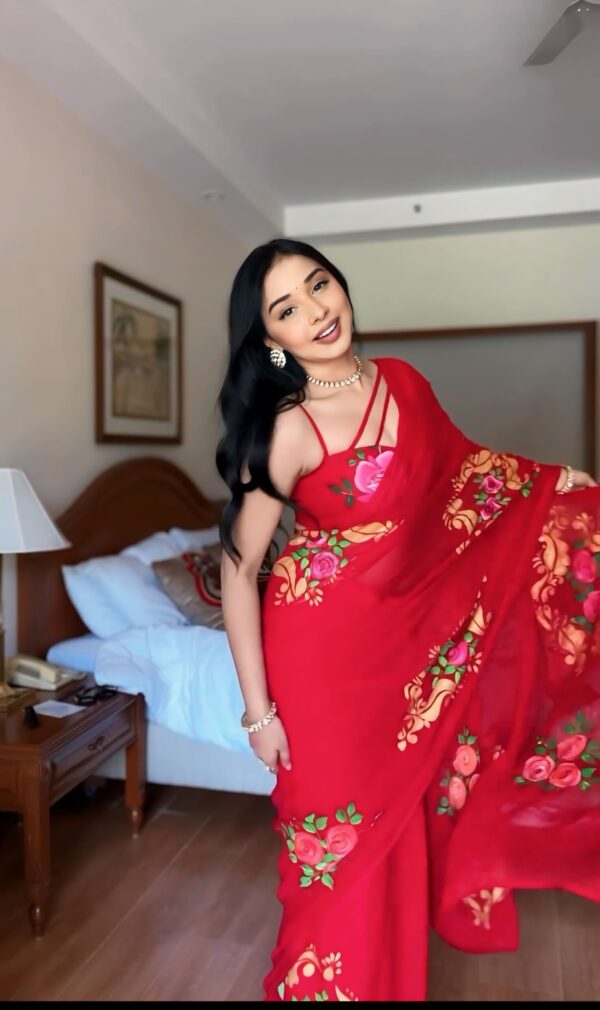 Red Color And Large Pink Floral Prints Georgette Ready To Wear Saree With Unstitched Blouse - Image 5