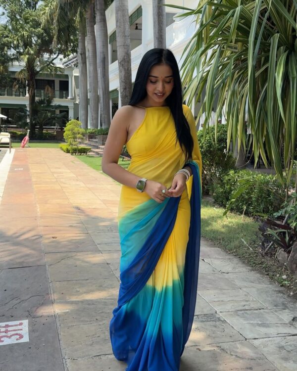Yellow, Green, And Blue Shades Ombre Gradient Georgette Ready To Wear Saree With Unstitched Blouse - Image 5