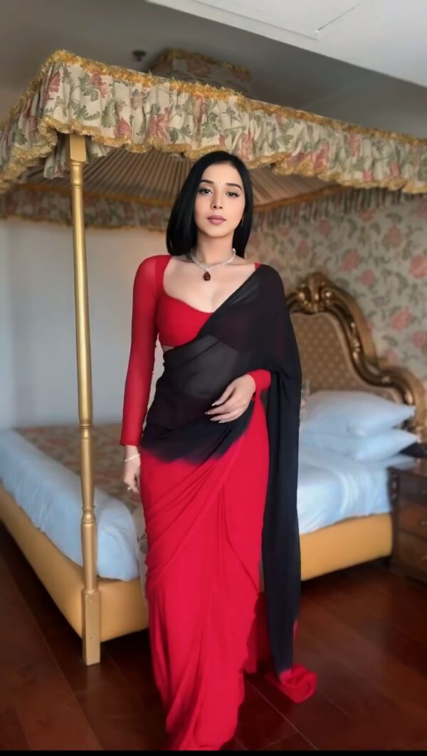 Red Black Ombre Effect Georgette Ready To Wear Saree With Unstitched Blouse - Image 5