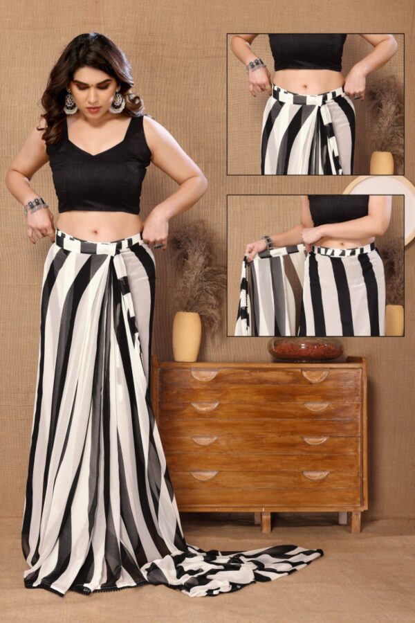 Black And White Diagonal Stripes Georgette Ready To Wear Saree With Unstitched Blouse - Image 5