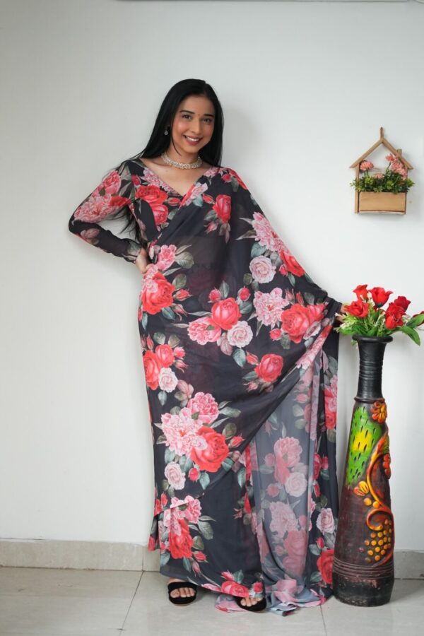 Black Base, Adorned With Bold Red And Pink Floral Prints Georgette Ready To Wear Saree With Unstitched Blouse - Image 4