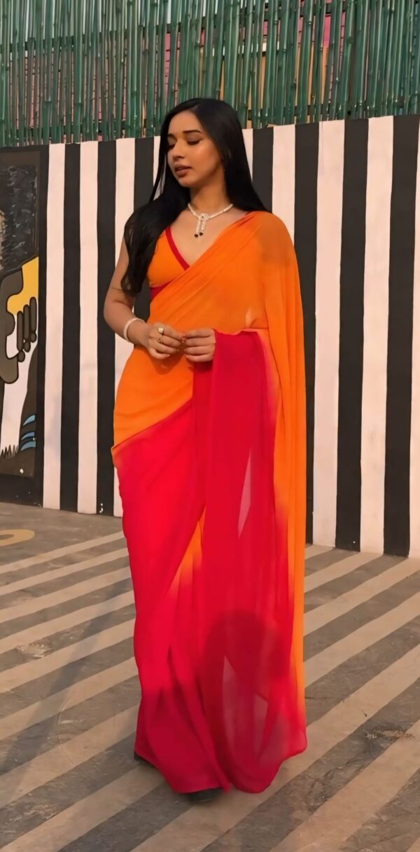 Orange And Red Color Combination With A Plain Yet Elegant Design  Georgette Ready To Wear Saree With Unstitched Blouse - Image 6