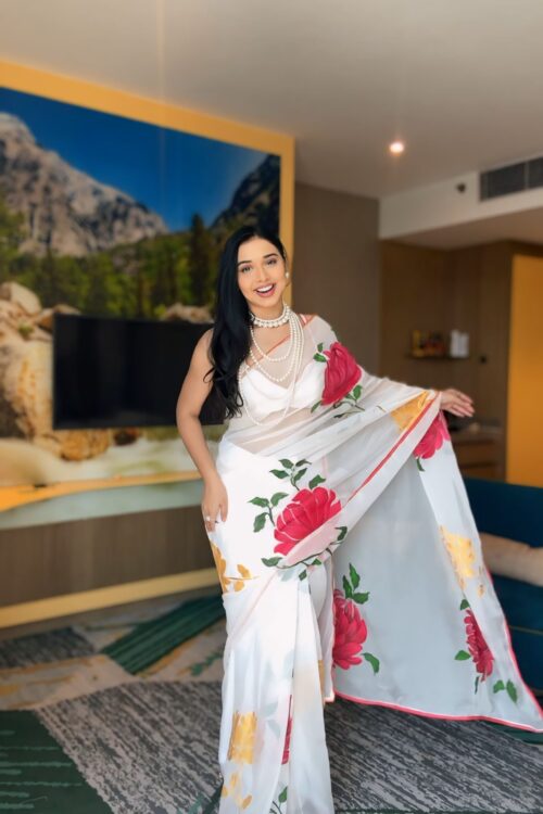 White Shade, Adorned With Large Red And Yellow Floral Prints Georgette Ready To Wear Saree With Unstitched Blouse
