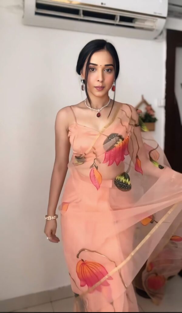 Peach Shade Hand-painted Floral Prints Organza Ready To Wear Saree With Unstitched Blouse - Image 4