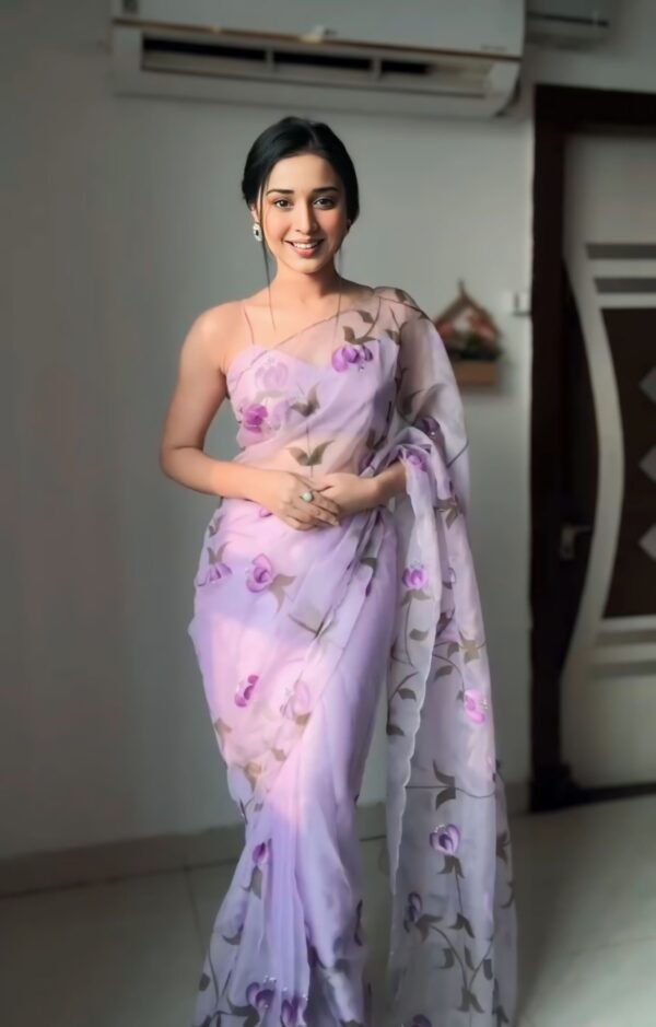 Pastel Lavender Shade With Delicate Purple Floral Prints Organza Ready To Wear Saree With Unstitched Blouse - Image 5