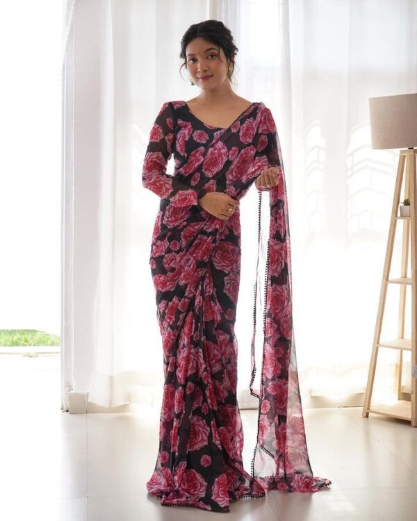 Black Base Color With Bold Pink Rose Floral Prints Georgette Ready To Wear Saree With Unstitched Blouse - Image 4