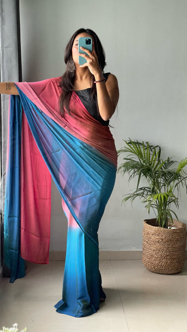 Pink, Teal, And Electric Blue Tones Chiffon Viscose ombre design Ready To Wear Saree With Unstitched Blouse - Image 5