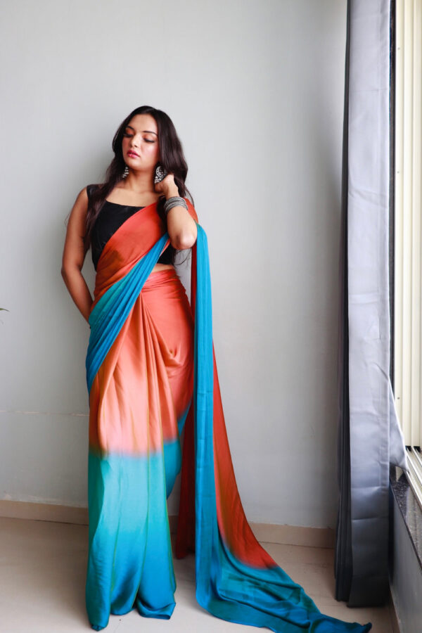 Rust Orange, Teal Blue, And Olive Green Shades Chiffon Viscose ombre design Ready To Wear Saree With Unstitched Blouse - Image 3
