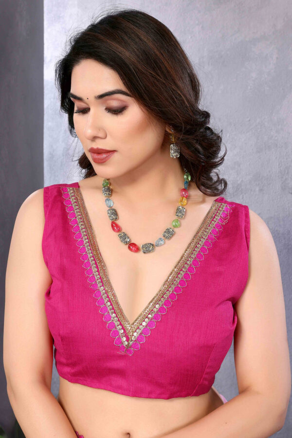 Pink And Purple Color Georgette Golden Lace Border Ready To Wear Saree With Unstitched Blouse - Image 5