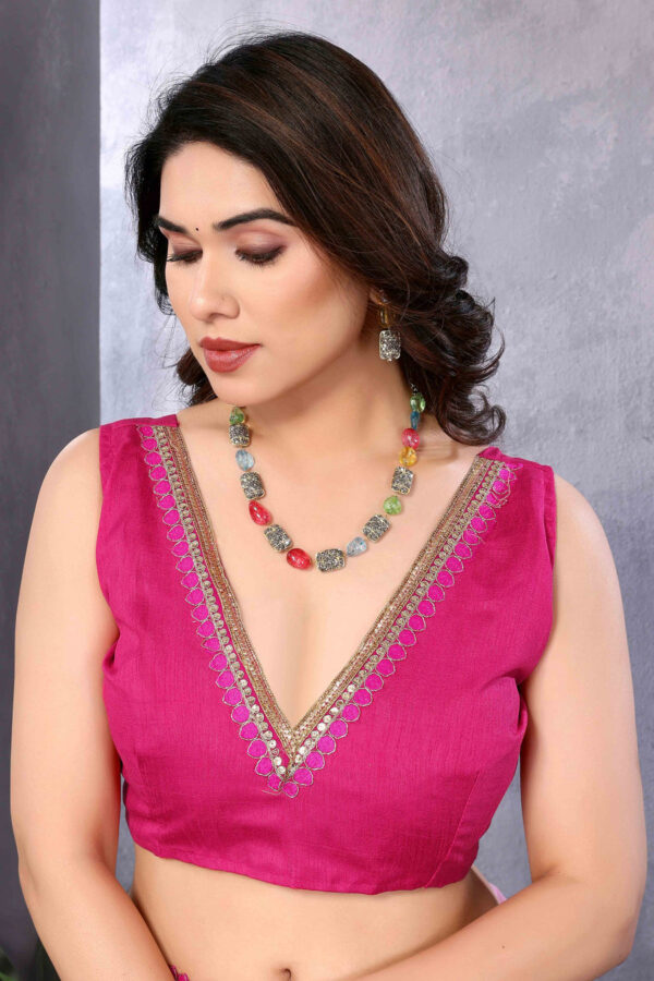 Lavender And Deep Purple Color Georgette Golden Lace Border Ready To Wear Saree With Unstitched Blouse - Image 5