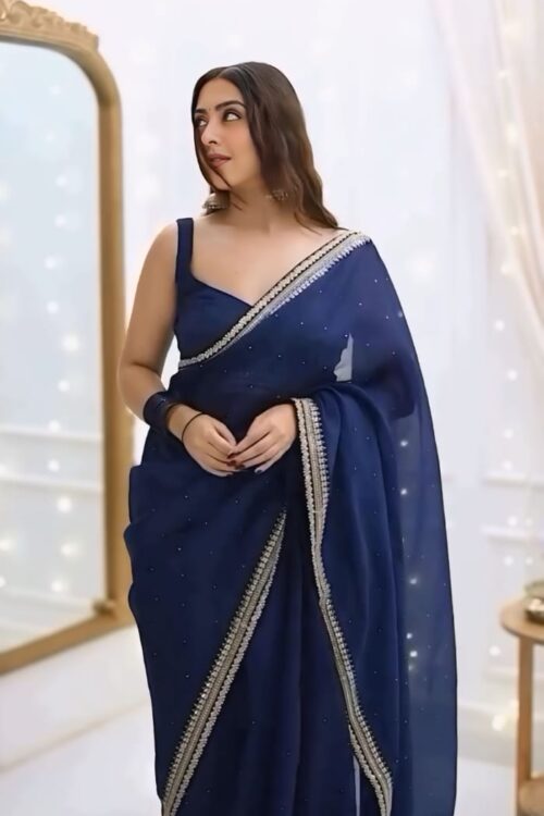 Organza Saree With Elegant Blue Stripes Ready To Wear Saree With Unstitched Blouse
