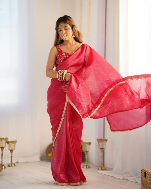 Rani Pink Gold Crush Saree With Golden Border Ready To Wear Saree With Embroidered Blouse Stitched - Image 6