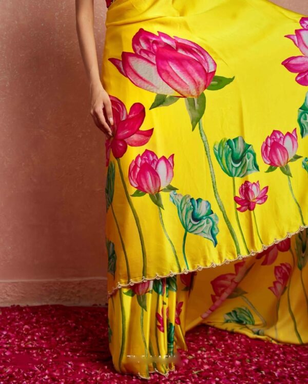 Yellow Color Satin Vibrant Lotus Floral Prints Ready To Wear Saree With Stitched Blouse - Image 7