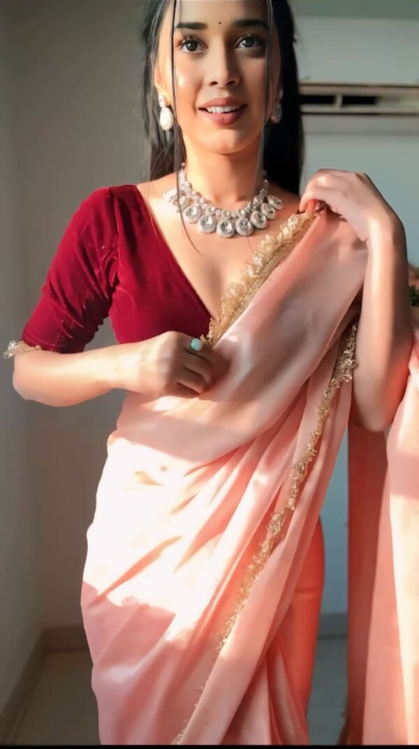 Peach Color Golden Sequin Border Velvet Ready To Wear Saree With Unstitched Blouse - Image 4