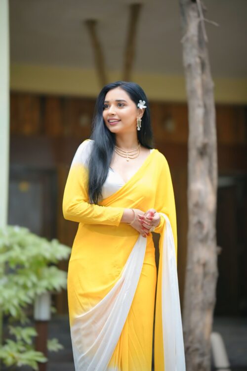 Yellow And White Ready To Wear Saree With Designer Unstitched Blouse