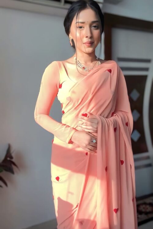 Peach Heart Small Red Heart Motifs Georgette Ready To Wear Saree With Unstitched Blouse