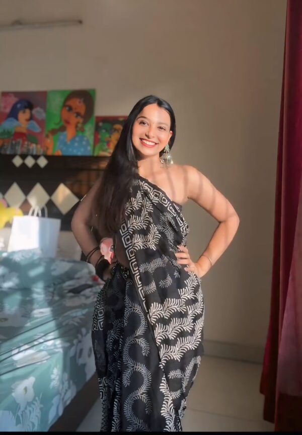 Black Color Soft Linen Handblock-inspired Geometric And Leaf Motifs Ready To Wear Saree With Unstitched Blouse - Image 4