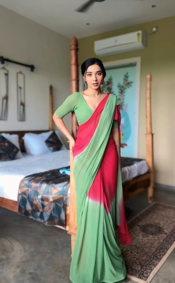Pink And Leaf Green Georgette Soft Ombré Effect Ready To Wear Saree With Unstitched Blouse - Image 6