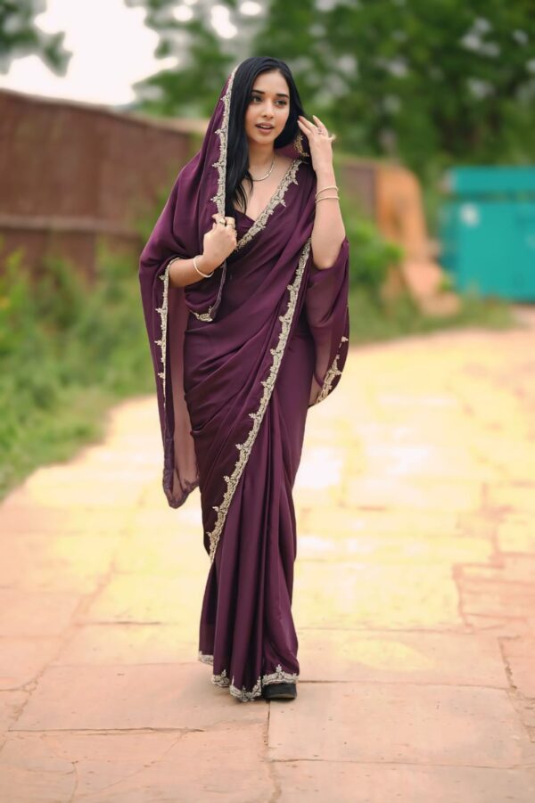 Wine-Colored Rangoli Ivory Lace Embroidery Ready To Wear Saree With Unstitched Blouse - Image 5