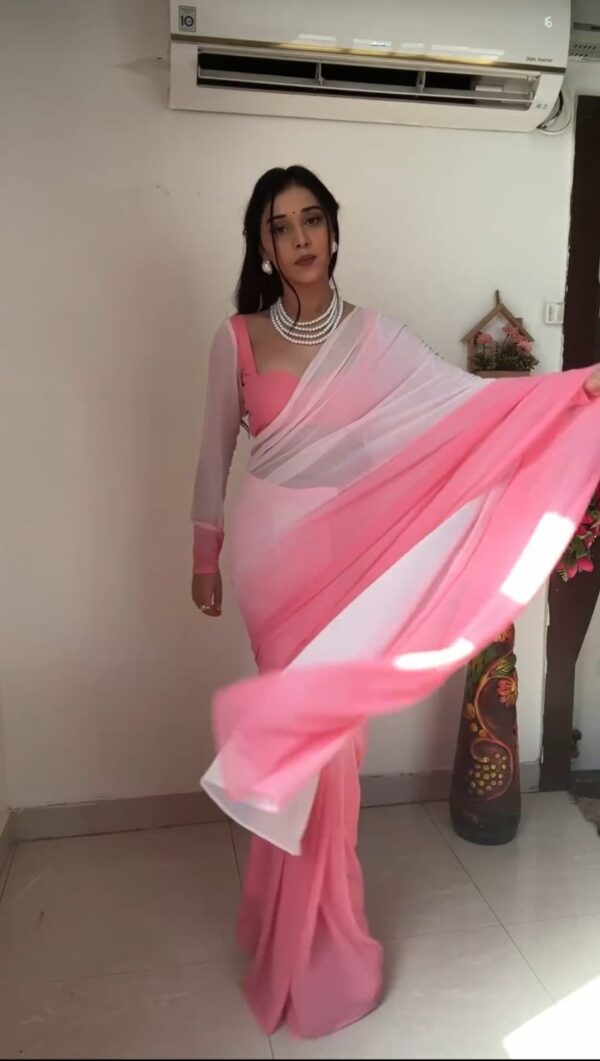 Baby Pink And White Omber Print Georgette Ready To Wear Saree With Unstitched Blouse - Image 4
