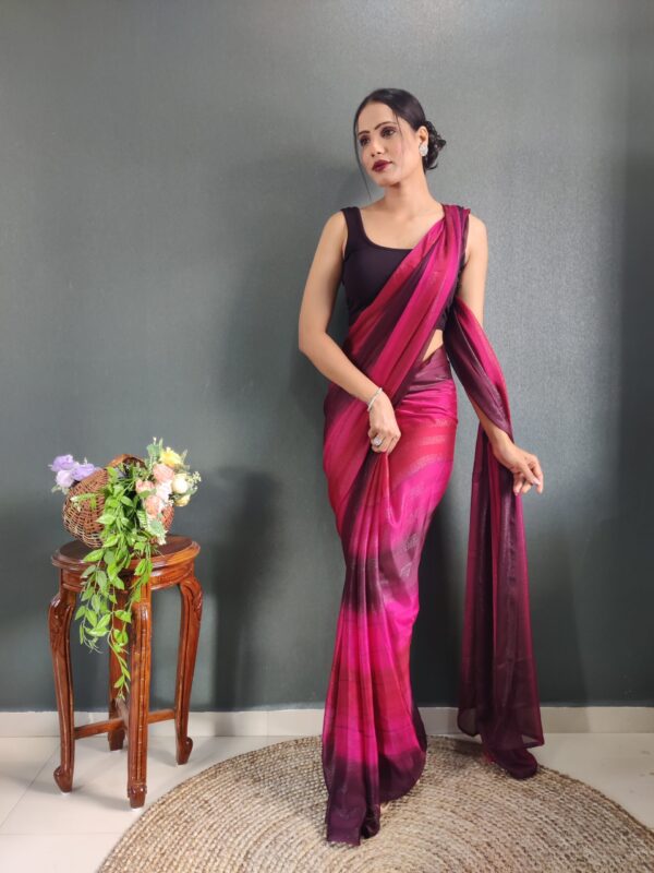 Magenta And Wine Shades Georgette Soft Ombré Pattern Ready To Wear Saree With Unstitched Blouse - Image 6