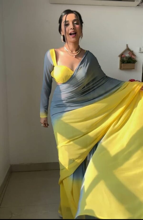 Yellow And Grey Omber paint Georgette Ready To Wear Saree With Unstitched Blouse - Image 4