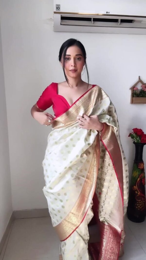 Cream Banarasi Silk Saree With Rich Golden Zari Ready To Wear Saree With Unstitched Blouse - Image 5