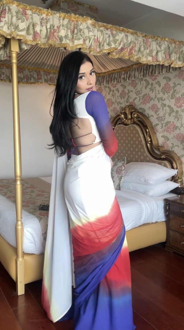 White, Red, Yellow, And Royal Blue Ombré Shades Georgette Ready To Wear Saree With Unstitched Blouse - Image 5
