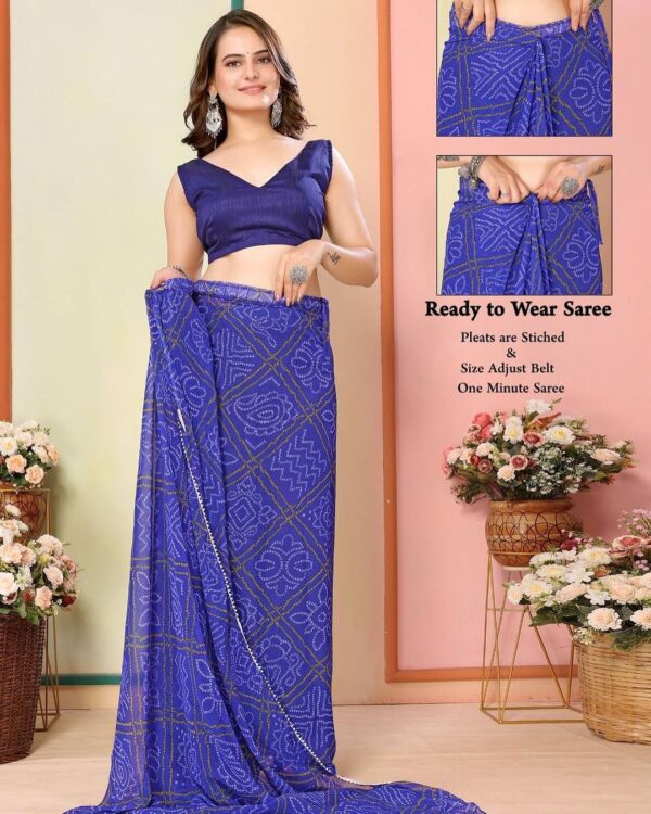 Royal Blue Georgette Bandhani Print With Golden Geometric Patterns Ready To Wear Saree With Unstitched Blouse - Image 6