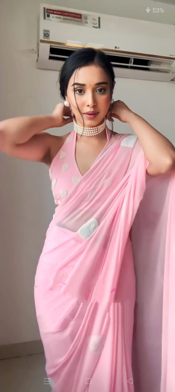 Soft Pink Georgette Saree With Cute White Heart Ready To Wear Saree With Unstitched Blouse - Image 4