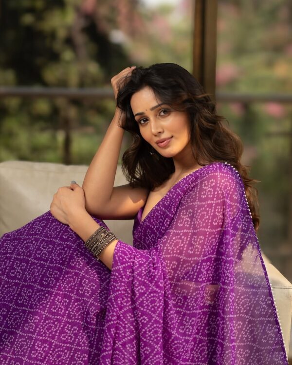 Purple Bandhani Print Design Georgette Ready To Wear Saree With Unstitched Blouse piece - Image 5