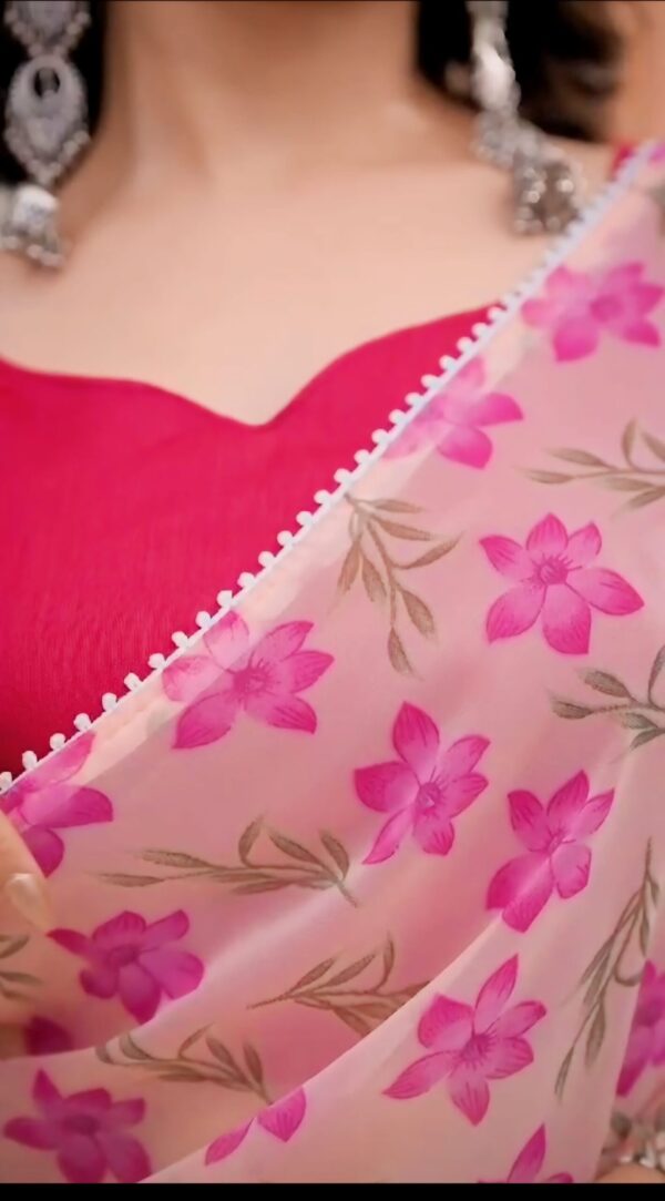 Soft Pink Floral Prints And Lace Border Georgette Ready To Wear Saree With Unstitched Blouse - Image 4