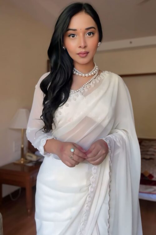 Pure White GeorgetteEmbroidered Scallop Lace On The Borders Georgette Ready To Wear Saree With Unstitched Blouse