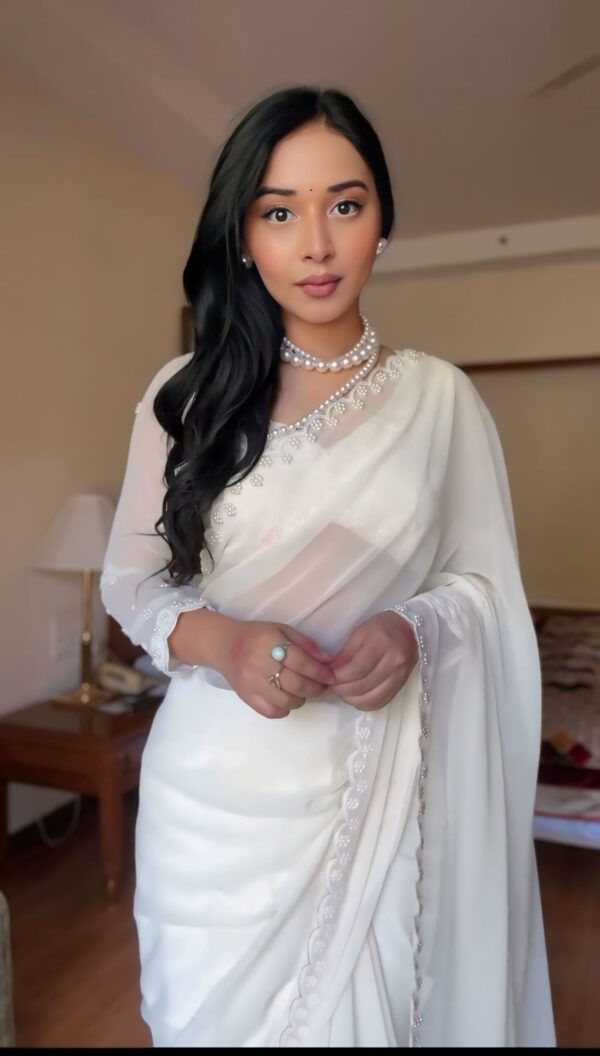 Pure White GeorgetteEmbroidered Scallop Lace On The Borders Georgette Ready To Wear Saree With Unstitched Blouse