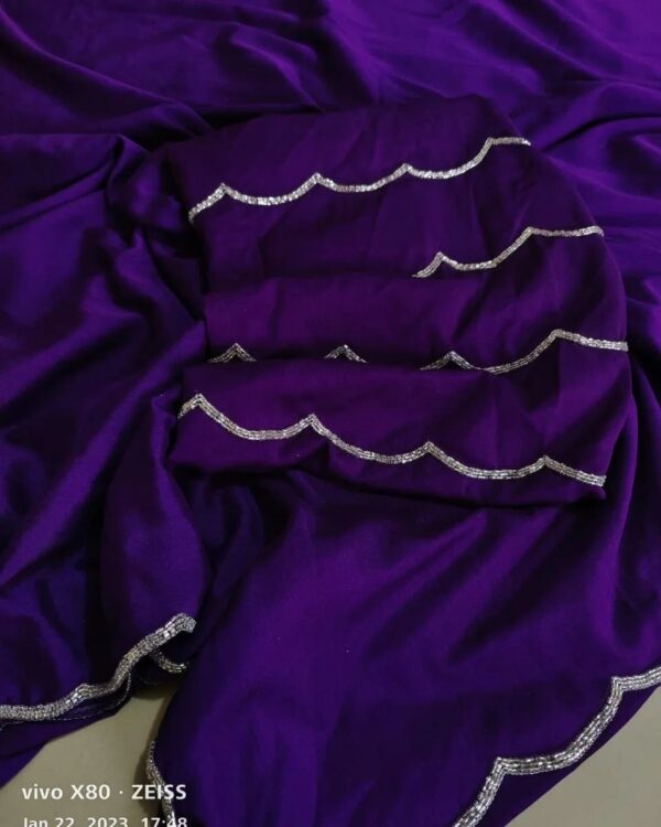 Deep Purple Saree With Silver Lace Borders Ready To Wear Saree With Stitched Blouse - Image 5
