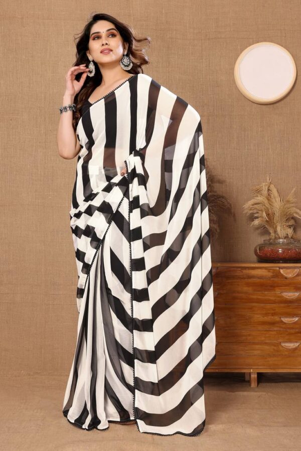 Black And White Diagonal Stripes Georgette Ready To Wear Saree With Unstitched Blouse - Image 4