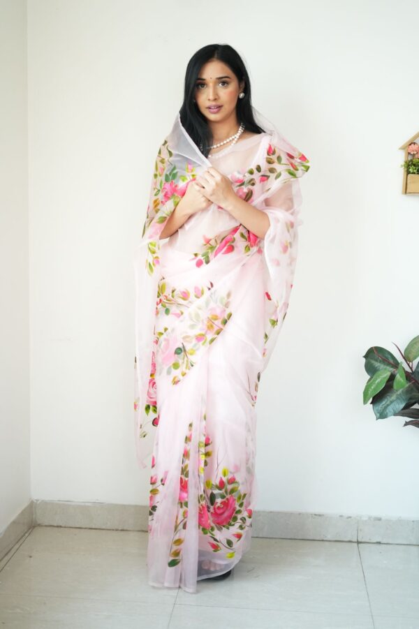 Baby Pink And Hand-painted Style Floral Prints Organza Ready To Wear Saree With Unstitched Blous - Image 4