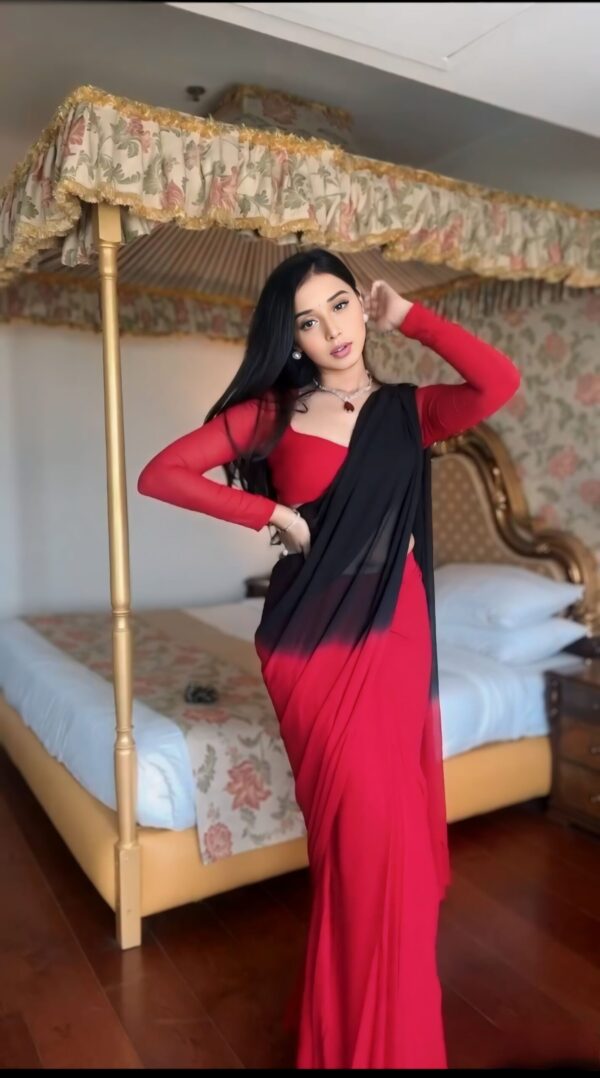 Red Black Ombre Effect Georgette Ready To Wear Saree With Unstitched Blouse - Image 4