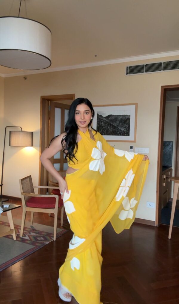 Yellow Color, Highlighted With Large White Floral Prints Georgette Ready To Wear Saree With Unstitched Blouse - Image 4