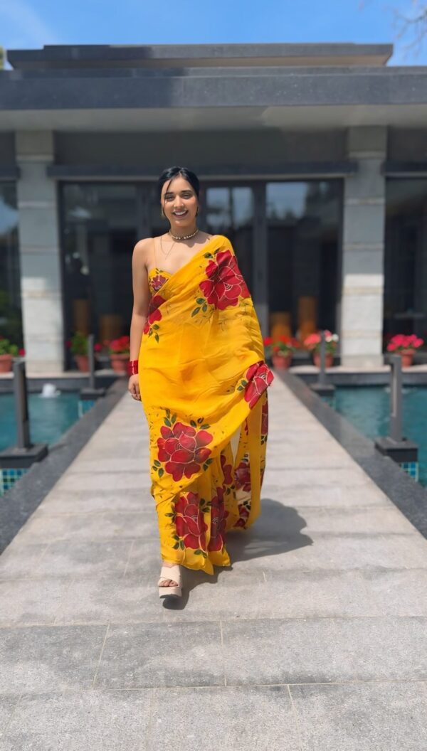 Yellow Color, Featuring Bold Red Floral Prints  Georgette Ready To Wear Saree With Unstitched Blouse - Image 4