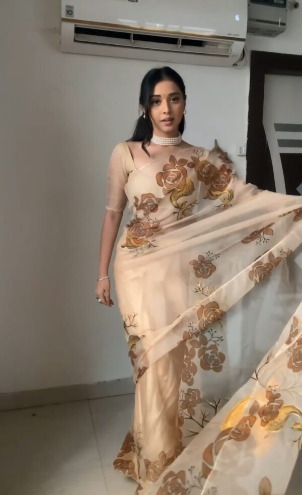 Pastel Beige Shade With Brown And Mustard Floral Prints Organza Ready To Wear Saree With Unstitched Blouse - Image 3