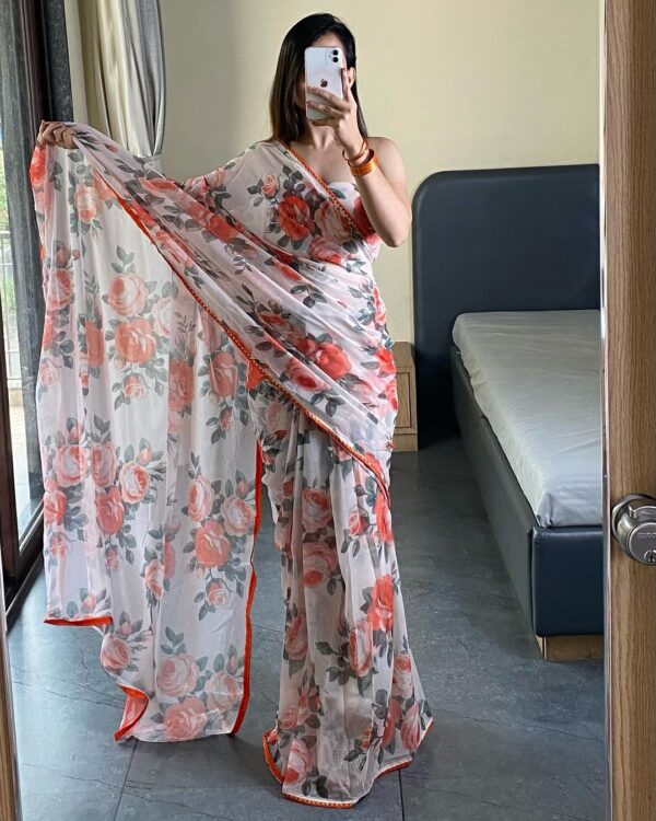 Light White Peach And Grey Rose Floral Prints Georgette Ready To Wear Saree With Unstitched Blouse - Image 4