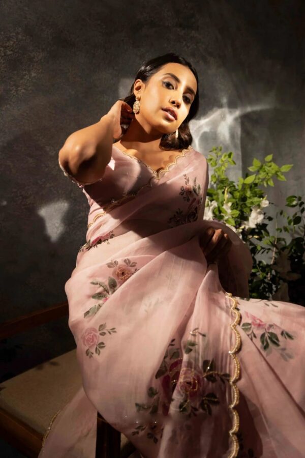 Pink Color Organza Saree Botanical Print Scalloped Golden Border Design Ready To Wear Saree With Stitched Blouse - Image 7