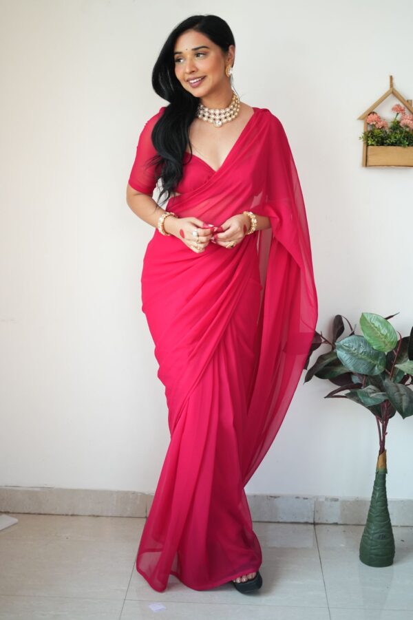 Red And Pink ,Omber Print Georgette Ready To Wear Saree With Unstitched Blouse - Image 4