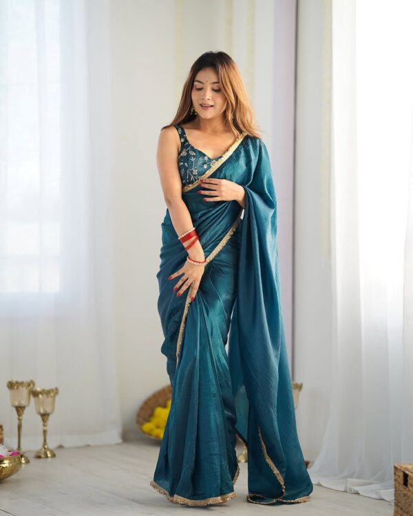 Teal Rama Gold Crush Saree With Golden Border Ready To Wear Saree With Embroidered Blouse Stitched - Image 7