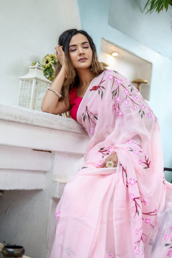 Pink Georgette Ready To Wear Saree With Designer Unstitched Blouse - Image 3
