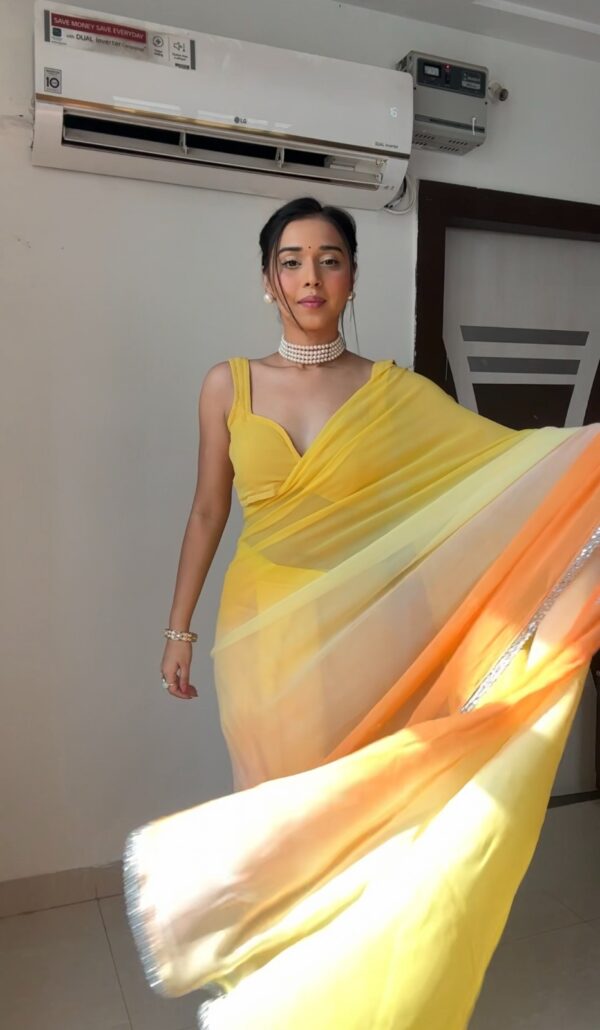 Lemon Yellow To Orange Ombré Shades Georgette Ready To Wear Saree With Unstitched Blouse - Image 4